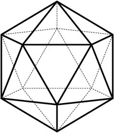 Icosahedron: a 20-sided solid with triangular faces intersecting in sets of 5 at each vertex
